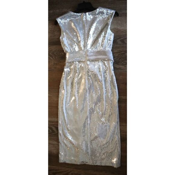 Badgley Mischka SC2538 Women's Sz 6 White Sequined Cocktail Midi Dress - Picture 7 of 12